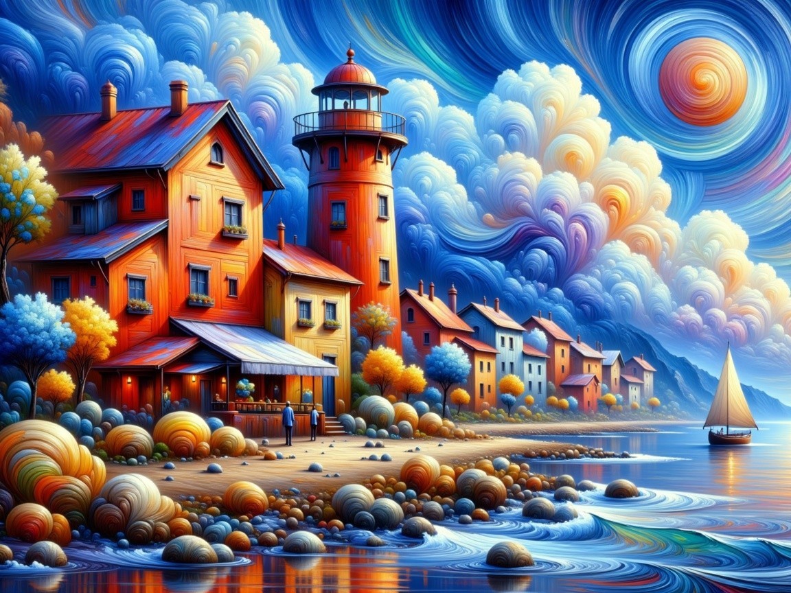 Colorful Lighthouse and Whimsical Houses by Seaside