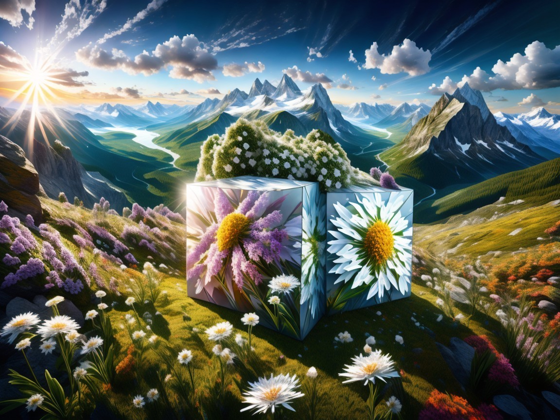 Reflective Cubes Among Flowers and Mountain Landscape