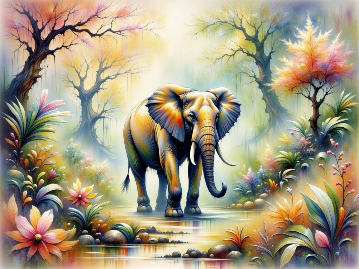 Colorful Elephant in a Dreamlike Landscape with Flowers