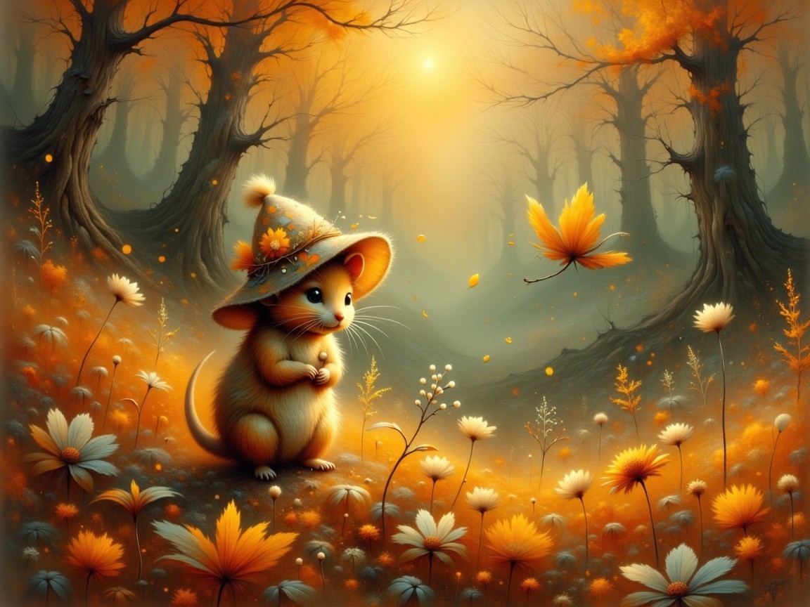Autumn Forest Scene with Mouse and Vibrant Flowers