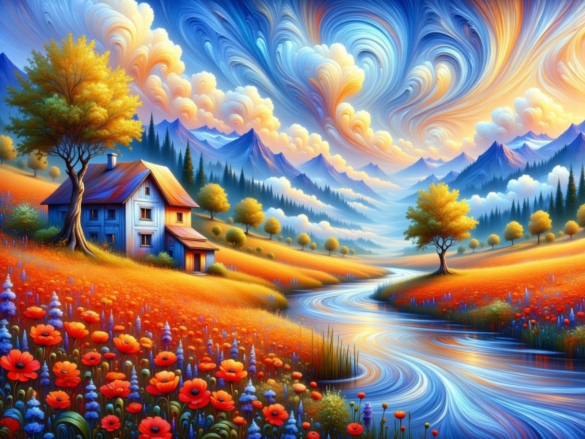 Vibrant Landscape with House and Colorful Flowers