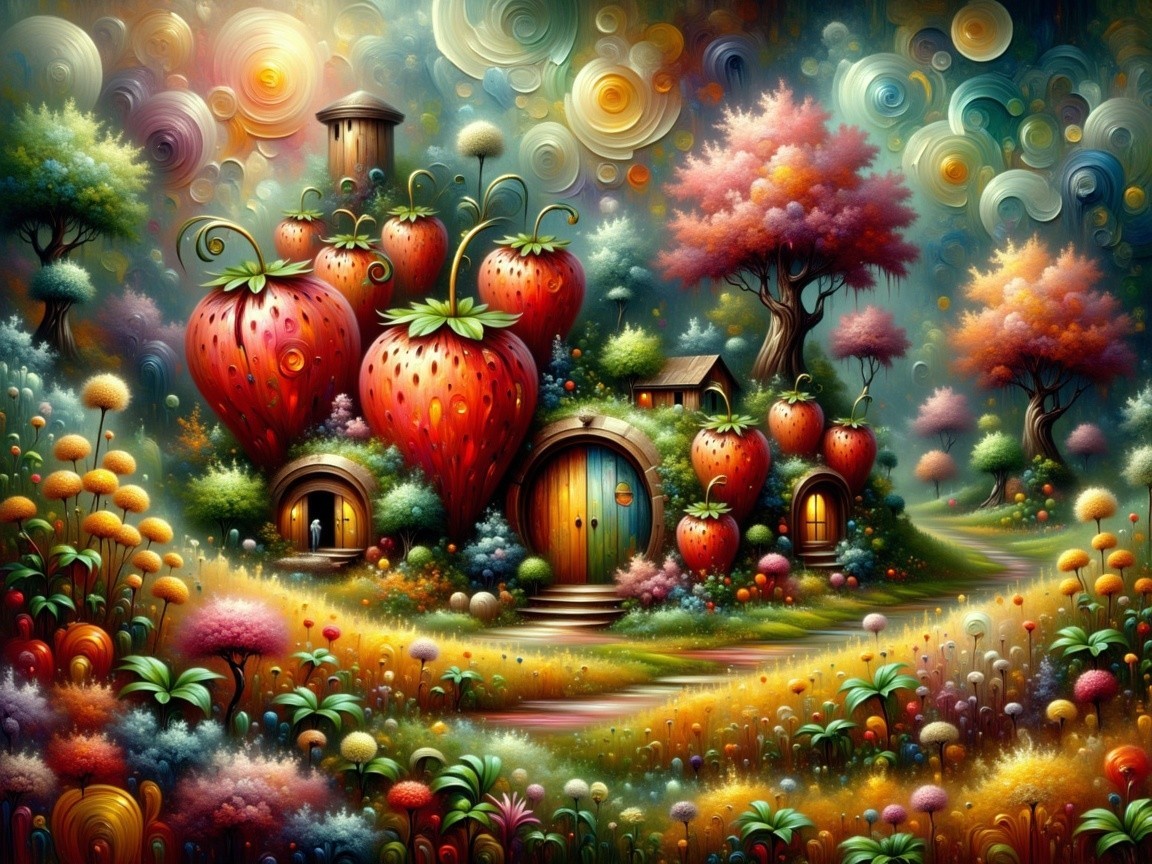Whimsical Landscape with Strawberry-Shaped Houses