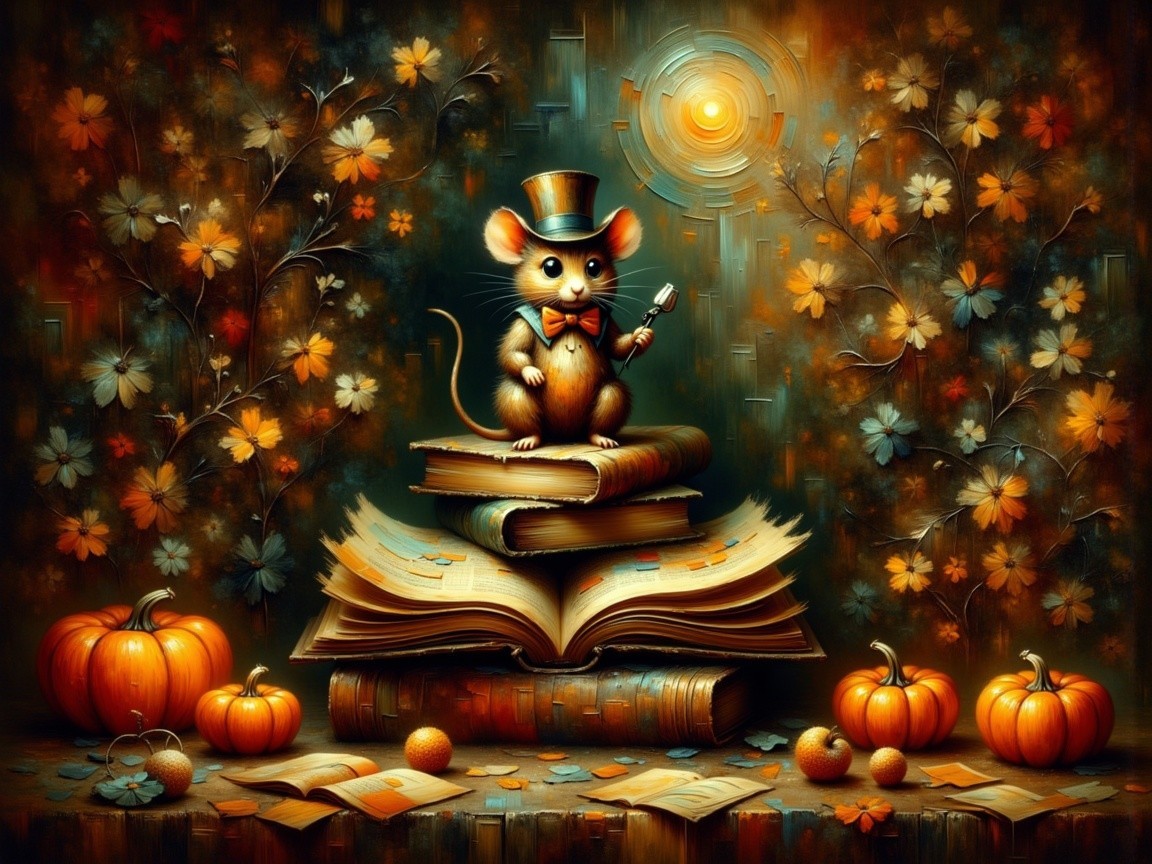 Charming Mouse in Top Hat Surrounded by Colorful Books
