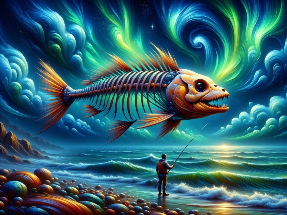 Surreal Fisherman with Giant Fish Skeleton and Auroras
