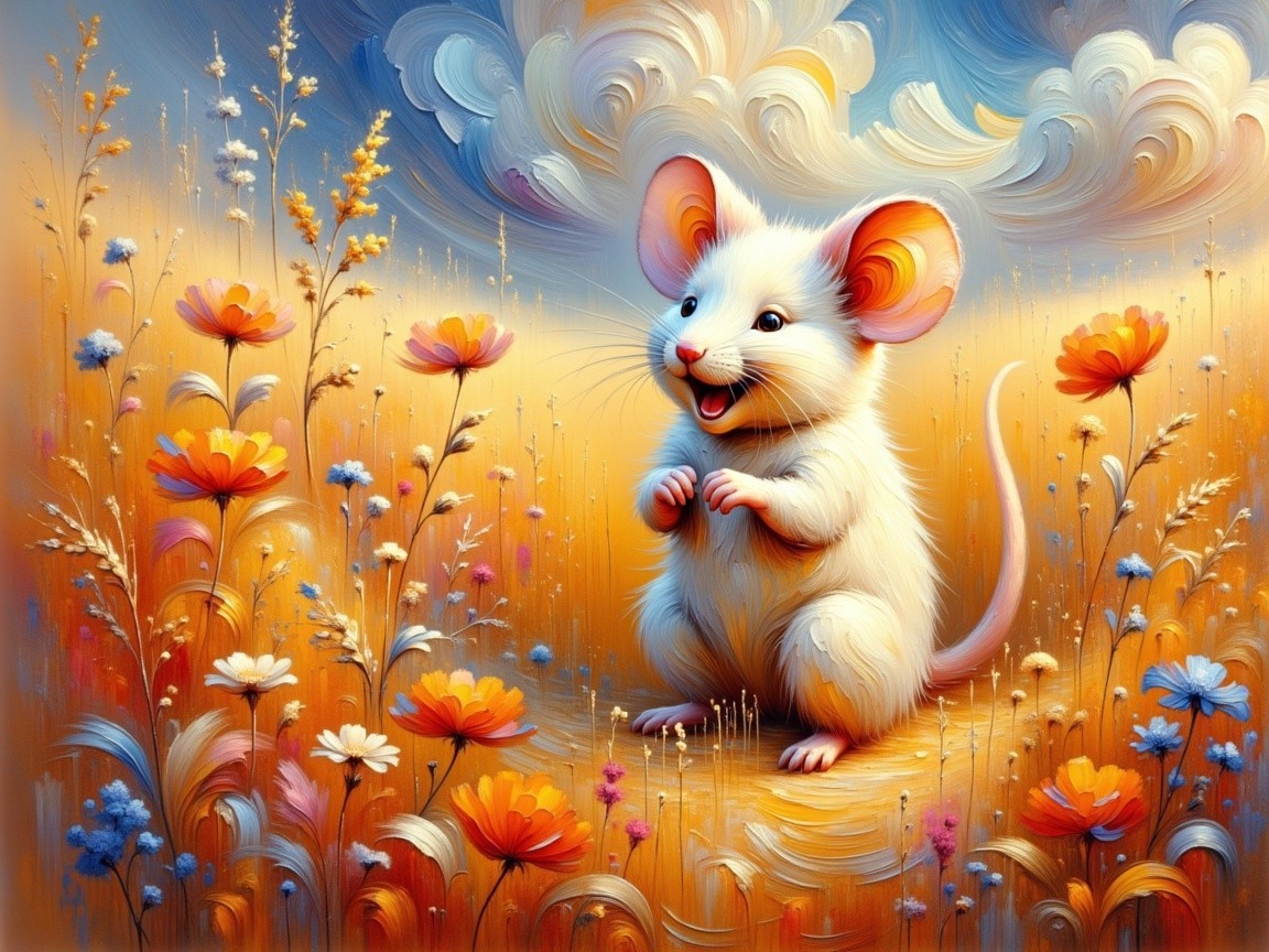Cheerful White Mouse in Colorful Flower Landscape