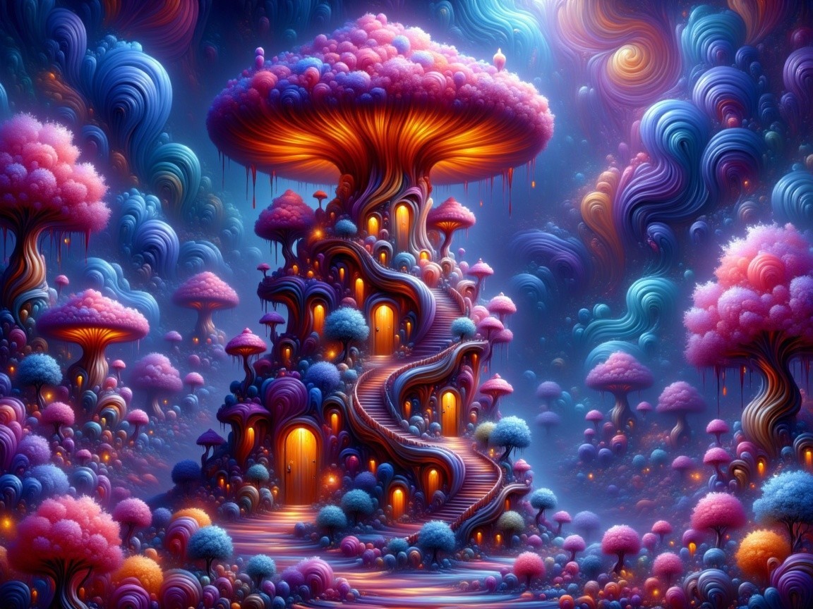 Whimsical Landscape with Spiral Structure and Mushrooms
