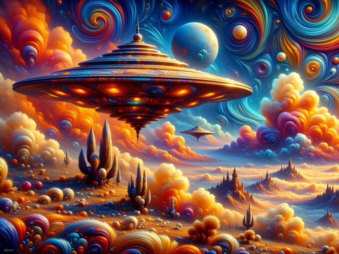 Surreal Landscape with Colorful Clouds and Spaceships
