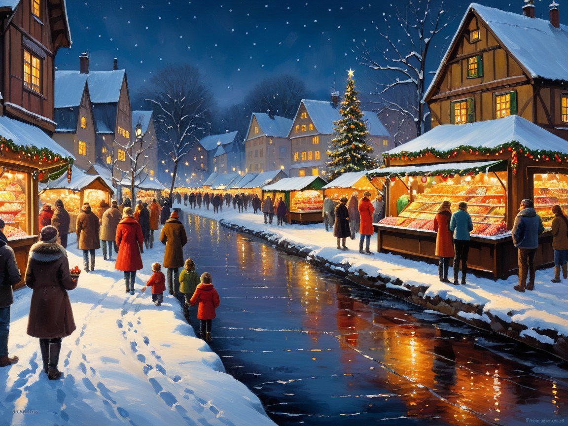 Winter Christmas Market by Snow-Covered Canal