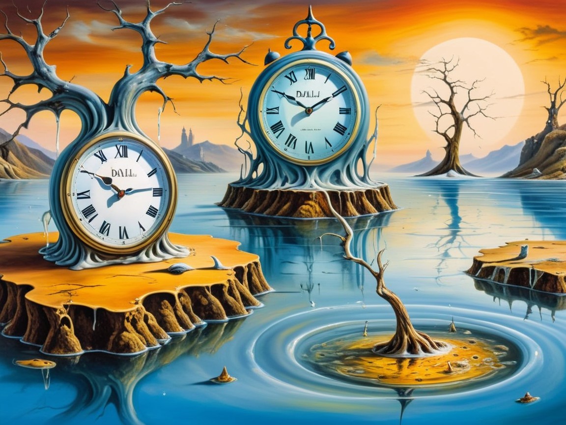 Surreal landscape with melting clocks and sunset sky