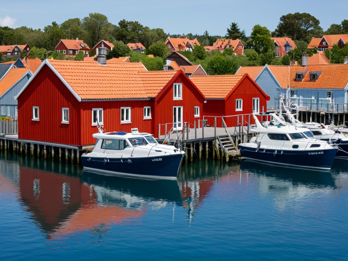 Charming Red Wooden Houses by a Serene Marina