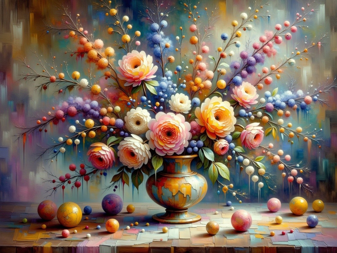 Vibrant Still Life with Colorful Flowers and Orbs