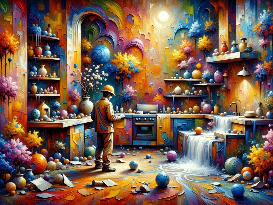 Surreal Kitchen with Colorful Spheres and Waterfalls