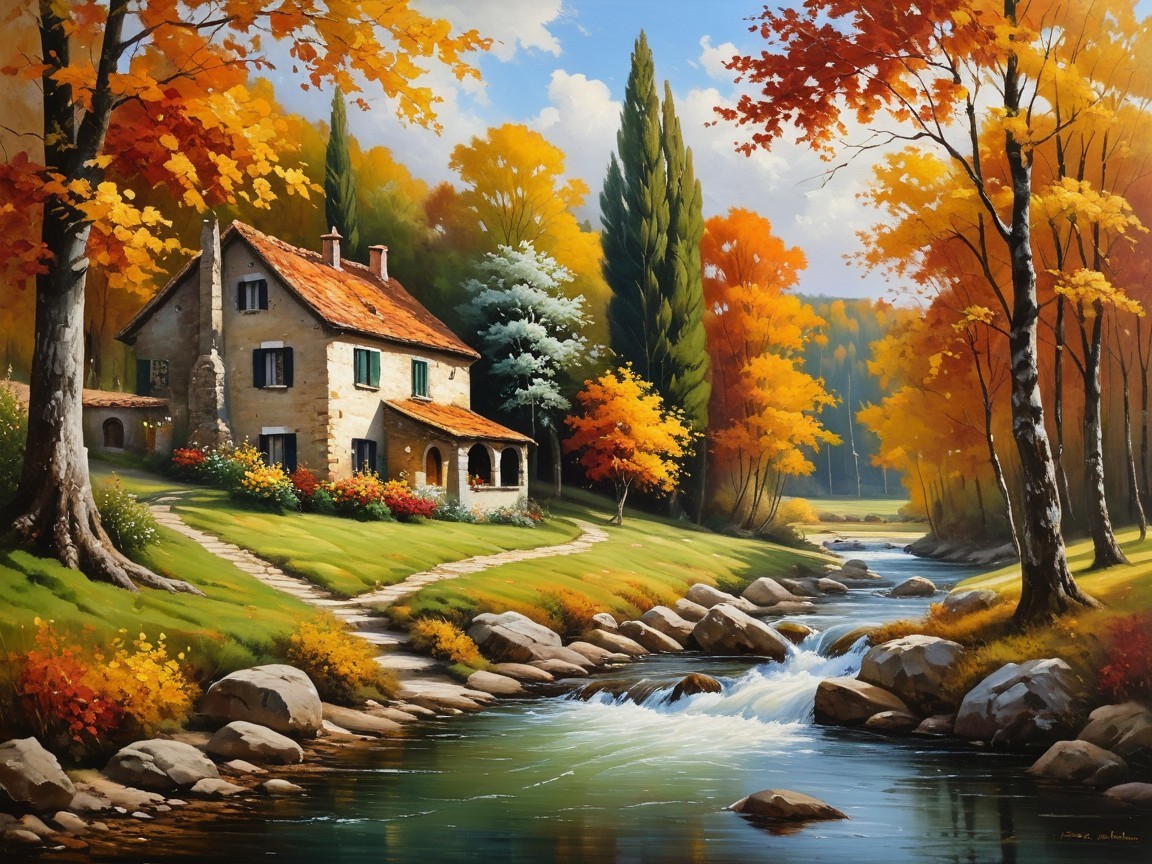 Charming Stone Cottage by a Gentle Stream in Autumn