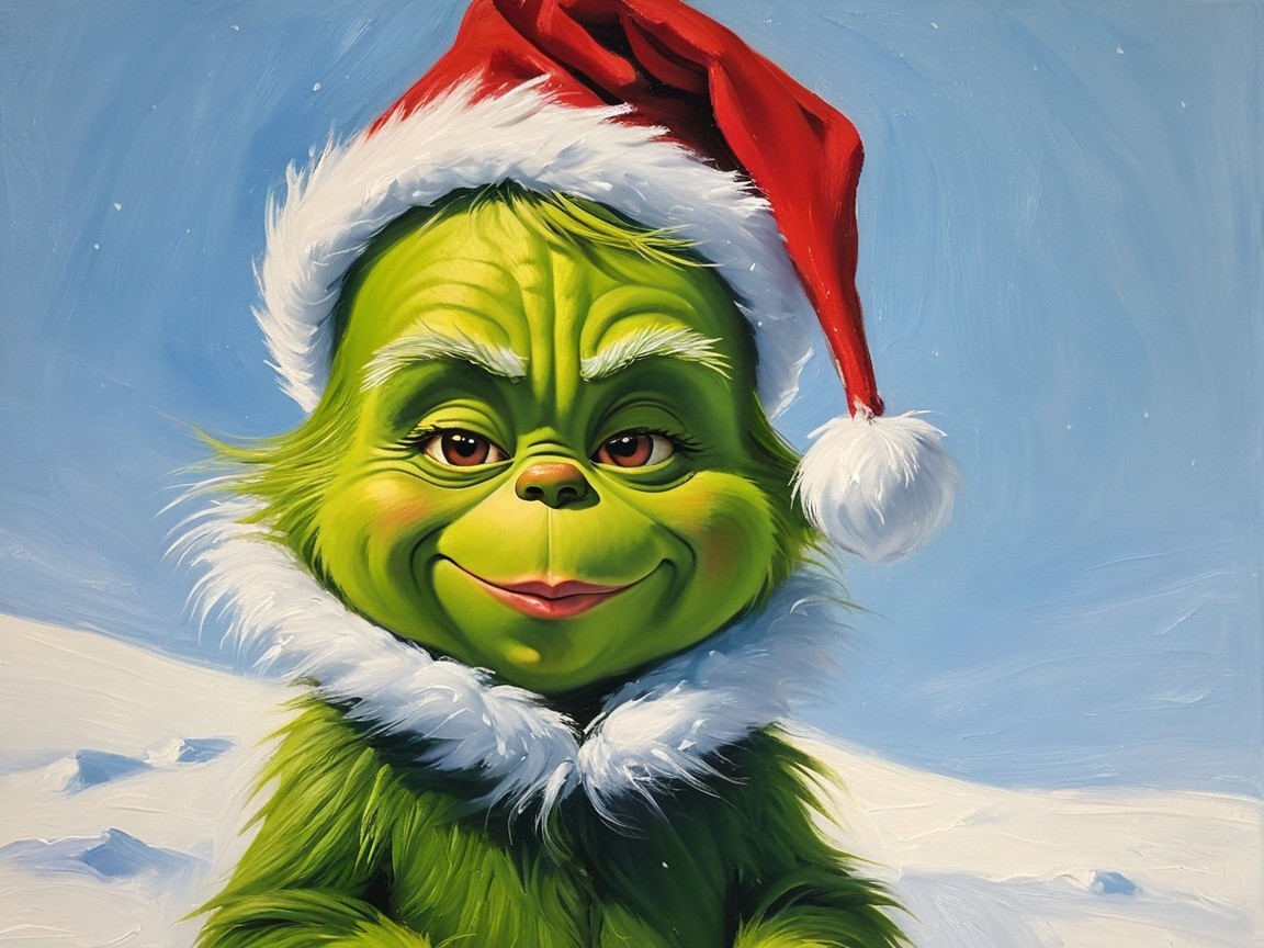 Whimsical Portrait of a Baby Grinch in Snowy Landscape