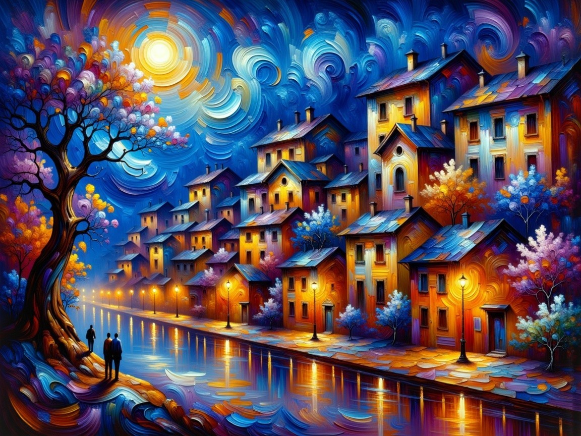 Vibrant Night Scene with Colorful Houses and Canal