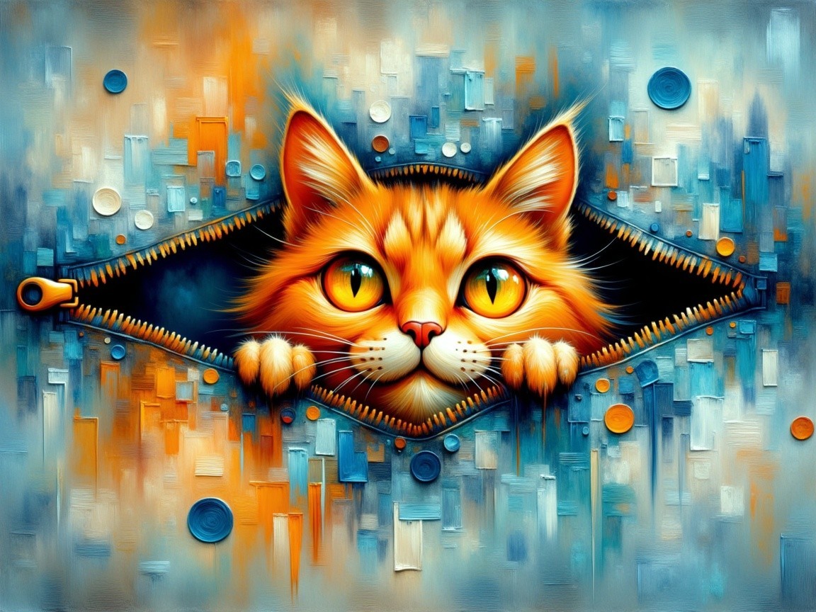 Whimsical Digital Artwork of Cat Through Zipper Opening