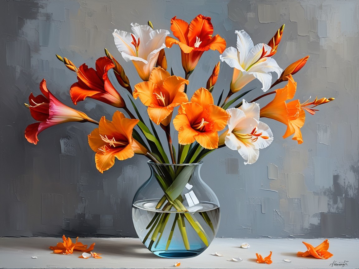 Vibrant Gladiolus Bouquet in Glass Vase with Petals