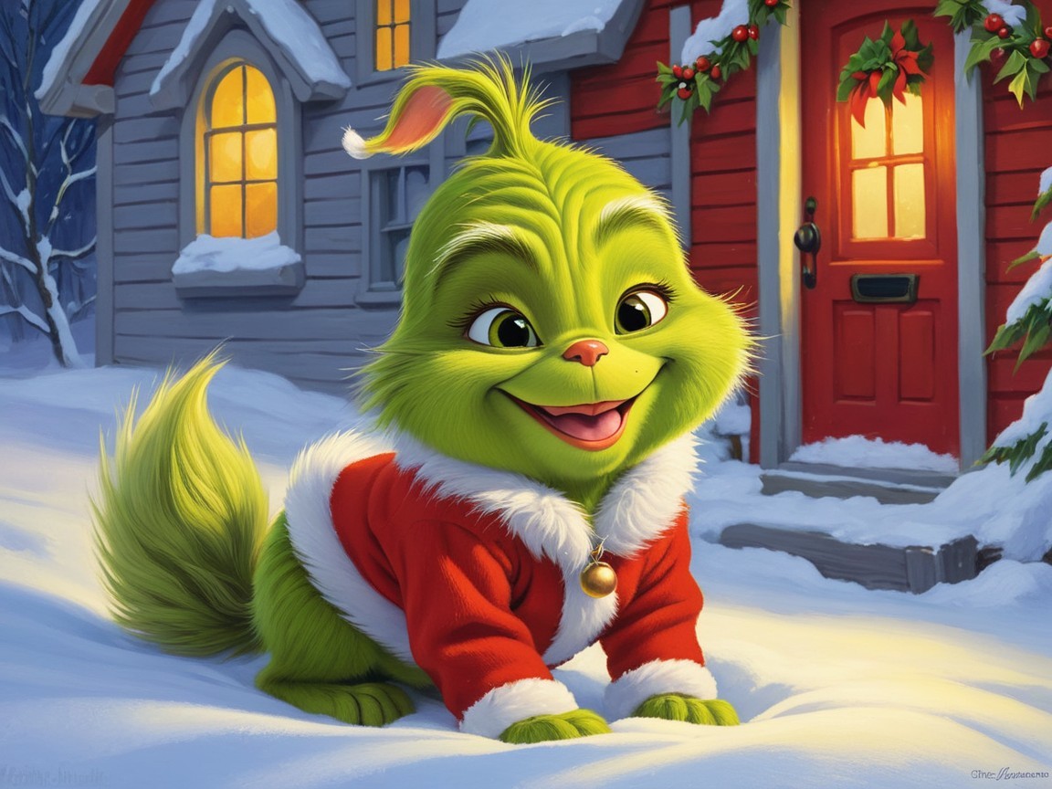 Cute Baby Grinch in Santa Jacket in Snowy Scene