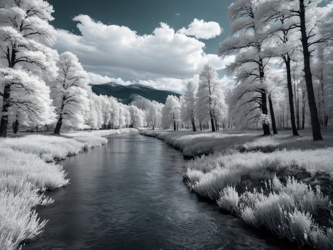 Serene Landscape with Winding River and White Trees