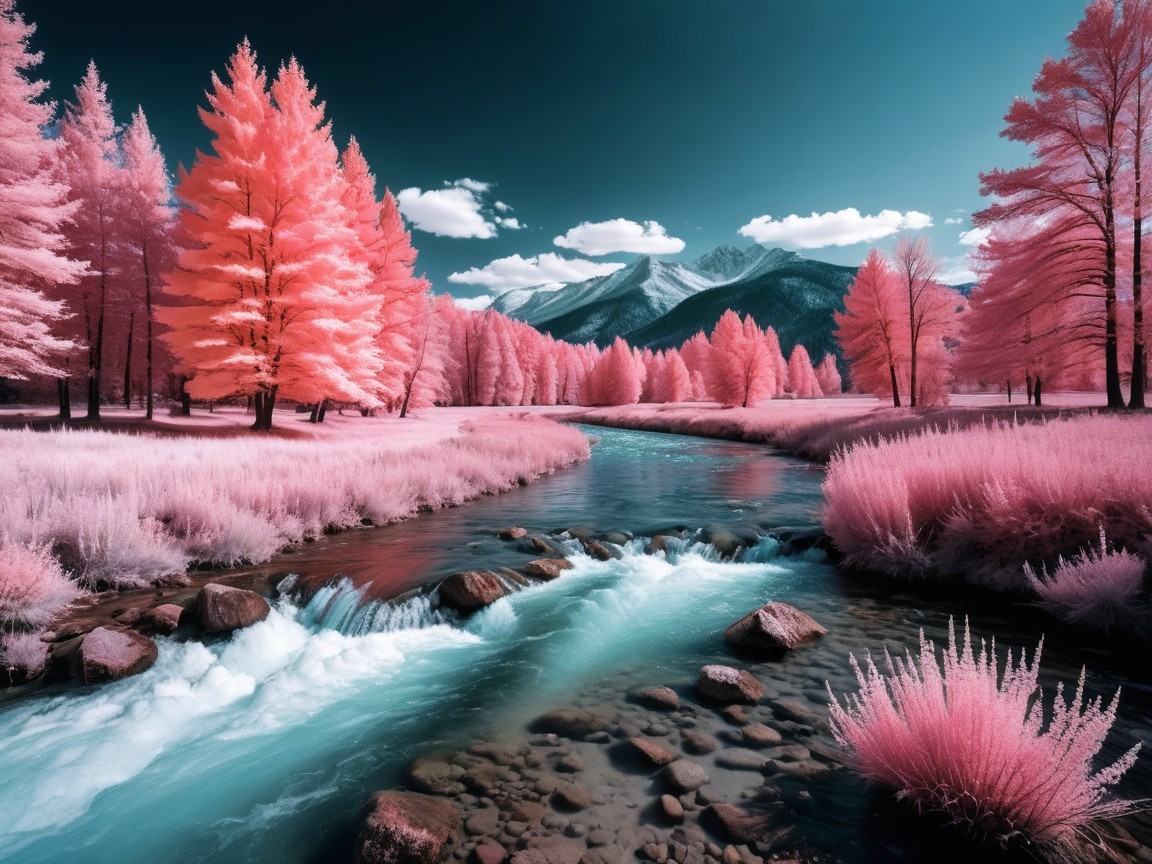 Surreal Landscape with Pink Foliage and Flowing River