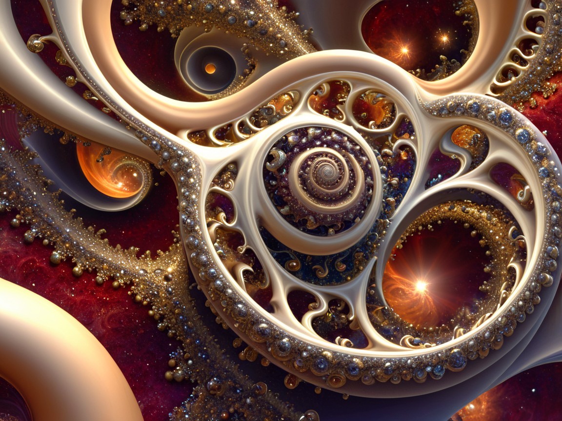 Ornate Gold, Silver, and Red Fractal Design with Spheres