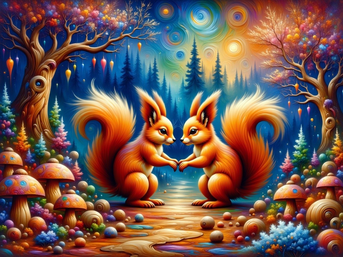 Whimsical Forest Scene with Cheerful Squirrels and Stream