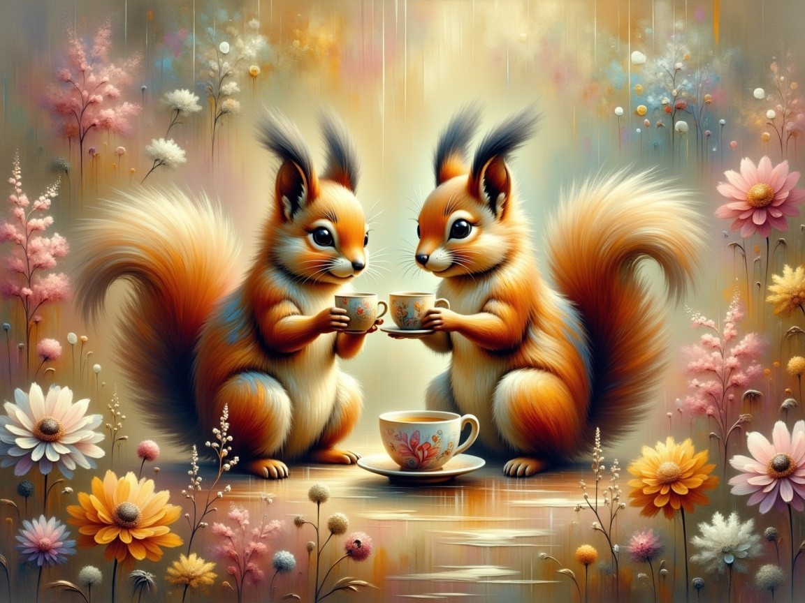 Squirrels in a Colorful Meadow Tea Party Scene