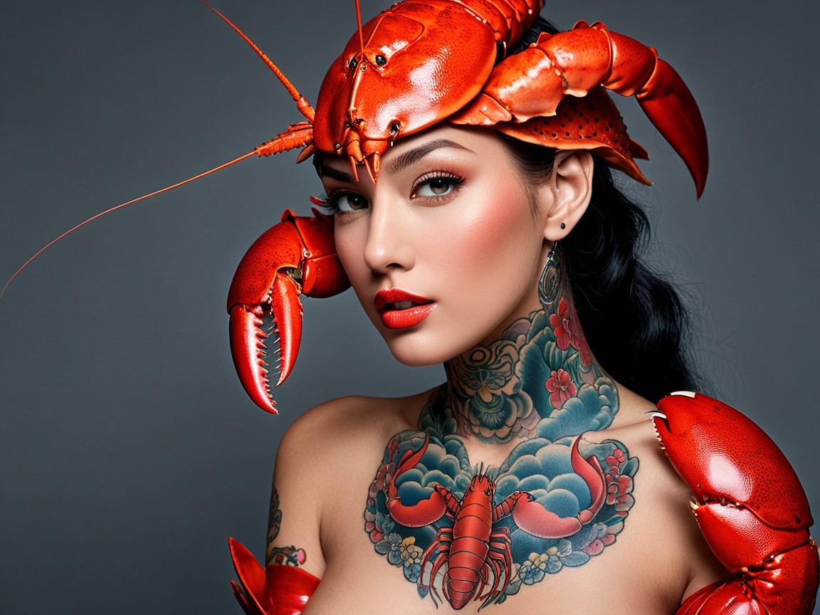 Portrait of Woman with Lobster Accessories and Tattoos