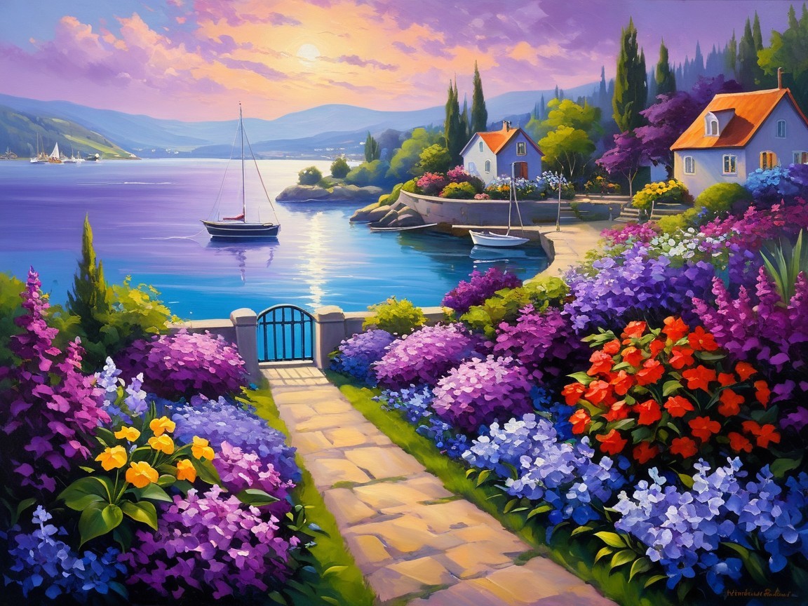 Serene Waterfront at Sunset with Flower Beds and Houses