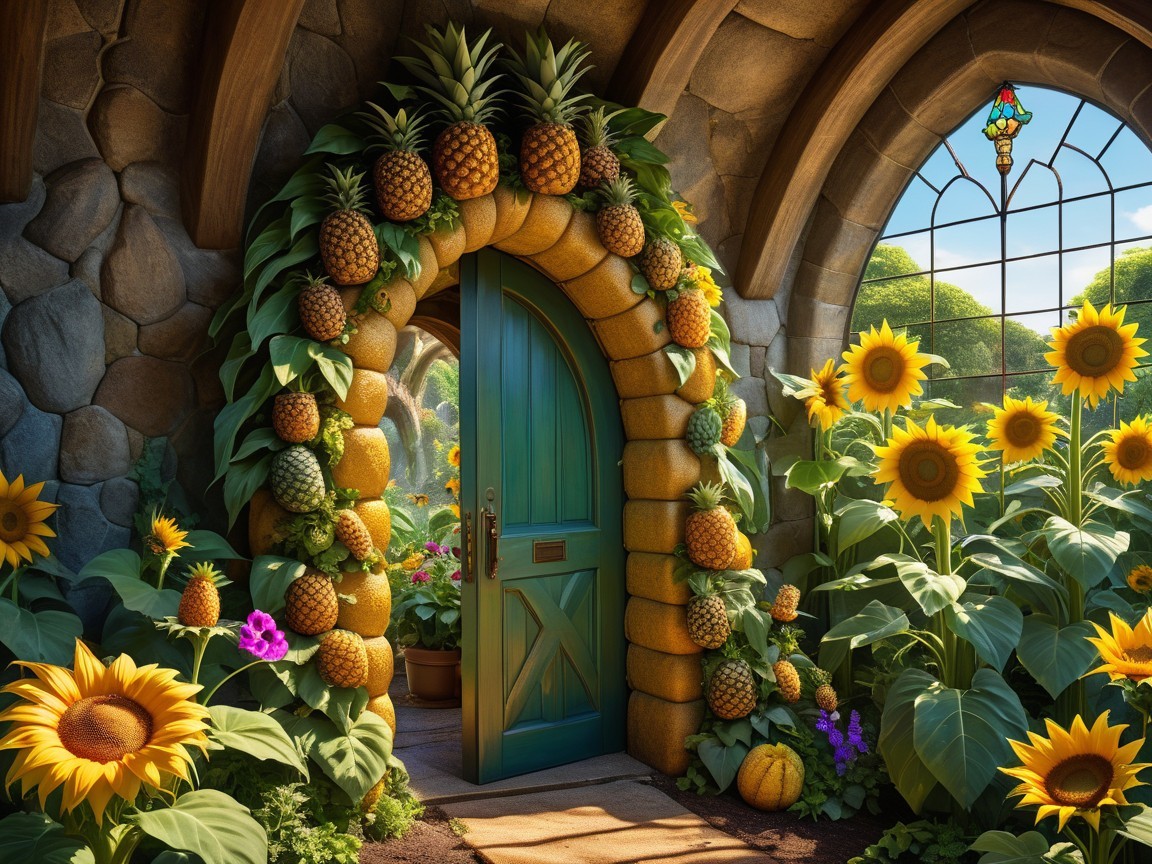 Whimsical Doorway Surrounded by Vibrant Pineapples