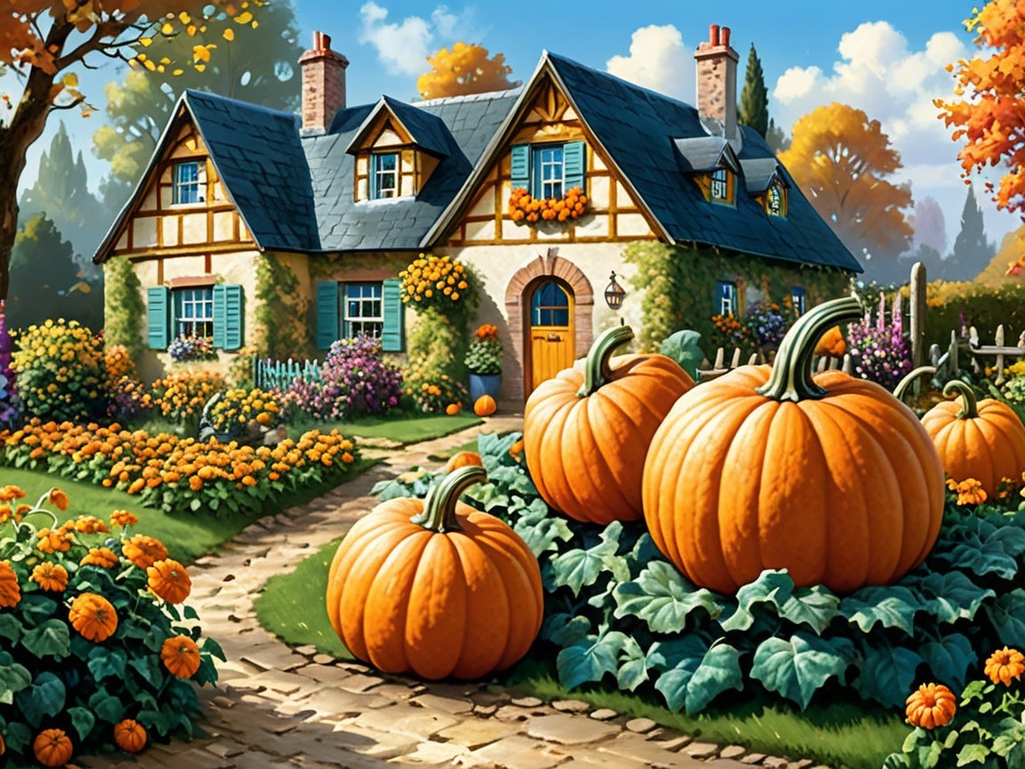 Charming Cottage Surrounded by Autumn Foliage and Flowers