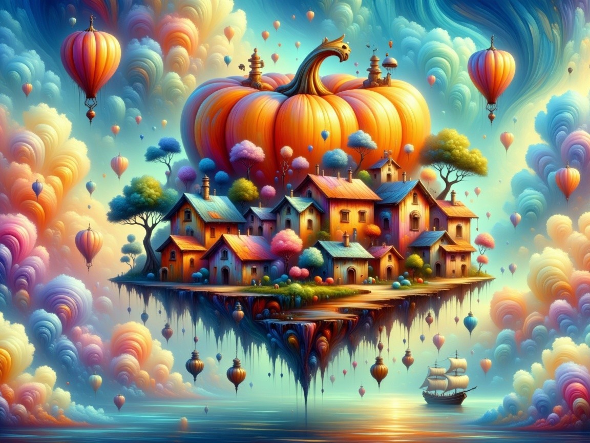 Whimsical Landscape with Floating Island and Pumpkin