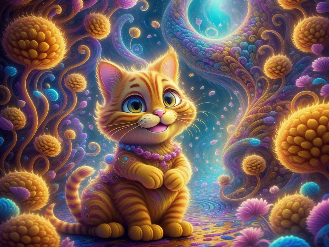 Whimsical Cartoon Orange Tabby Cat in Vibrant Setting