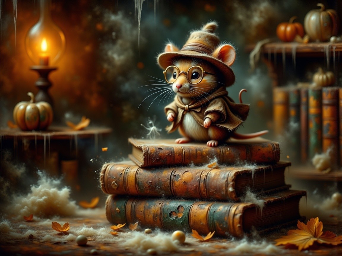 Charming Mouse on Dusty Books in Enchanted Library
