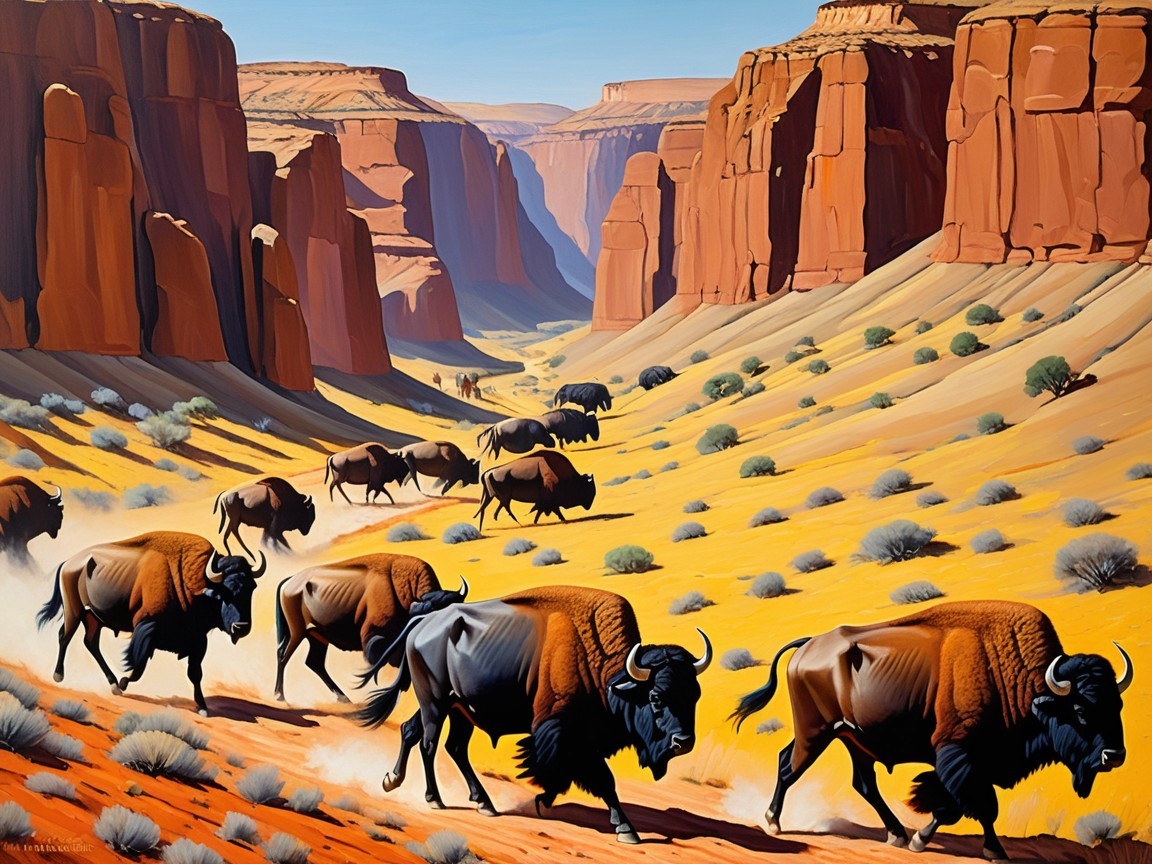 American bison grazing in a sunlit canyon landscape