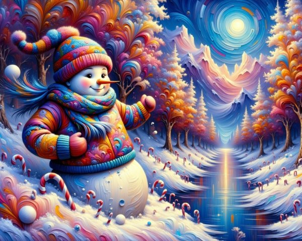 Whimsical Snowman in Colorful Winter Landscape