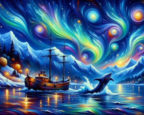 Colorful Night Sky with Ship and Whale in Tranquil Scene