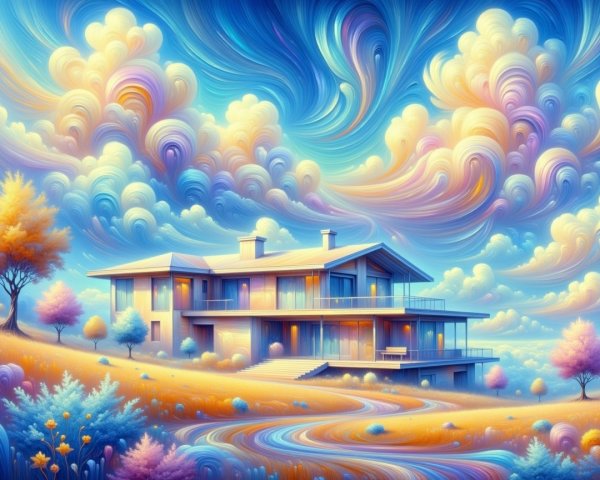 Modern House on Hill Surrounded by Vibrant Clouds