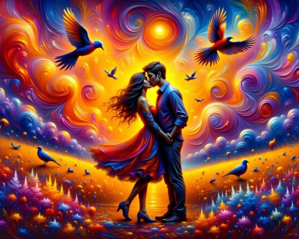 Vibrant Sunset Landscape with Embracing Couple