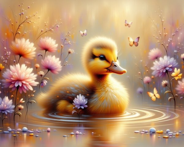 Fluffy Duckling on a Serene Pond with Flowers and Butterflies