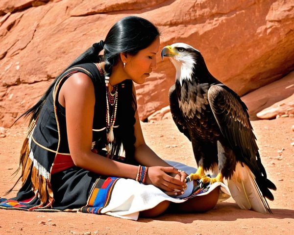 Woman in traditional attire interacts with an eagle