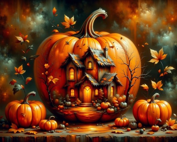 Carved Pumpkin House Surrounded by Autumn Leaves