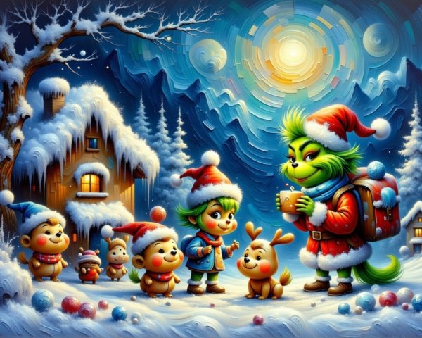 A digital painting of the Grinch in a snowy Christmas scene