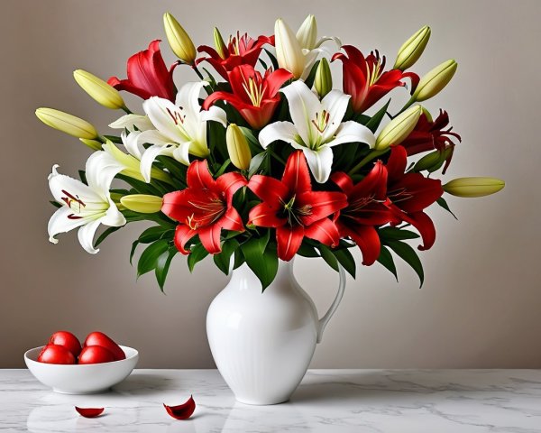 Vibrant Red and White Lilies in White Vase with Apples