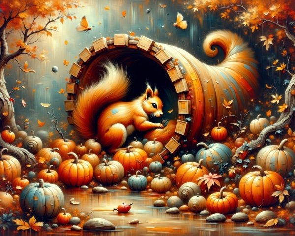 Whimsical Autumn Scene with Squirrel and Pumpkins