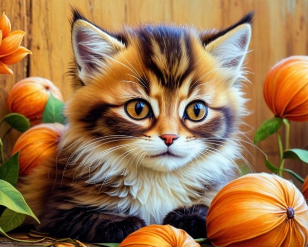 Fluffy Kitten Surrounded by Autumn Pumpkins and Leaves
