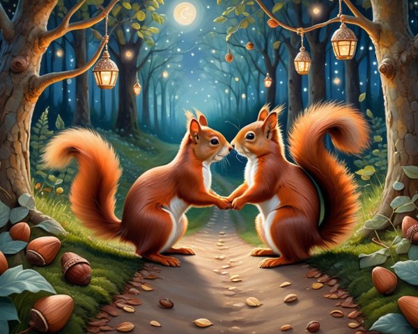 Whimsical Woodland Scene with Squirrels and Lanterns