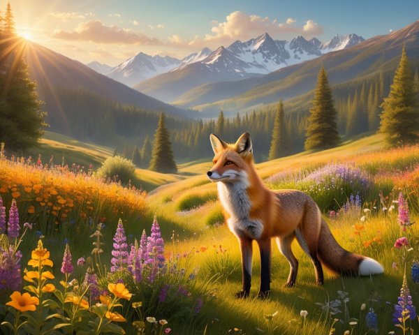 Majestic fox in vibrant meadow with wildflowers
