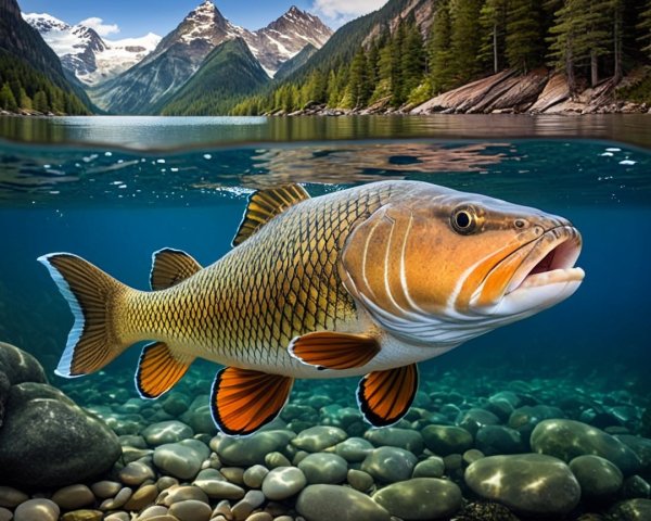 Large fish swimming in a tranquil lake with mountains