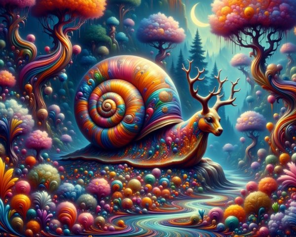 Whimsical Landscape with Colorful Snail and Trees